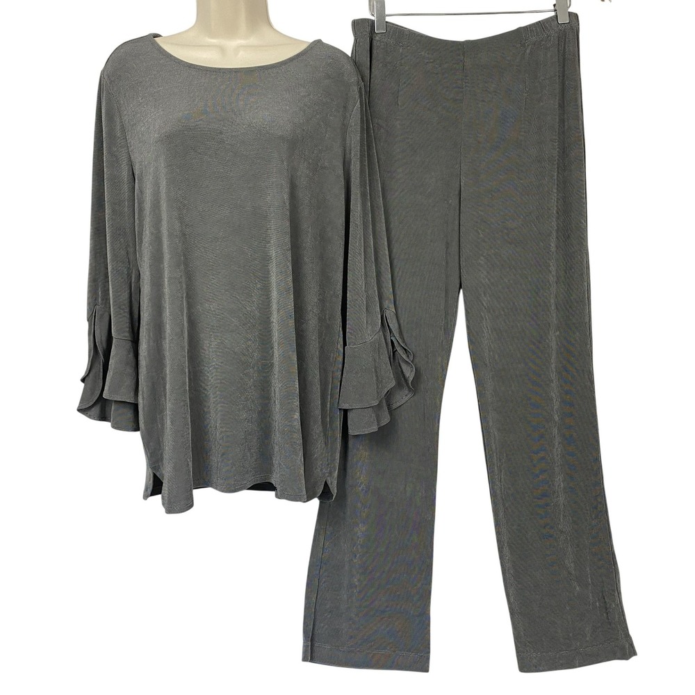 Chicos Travelers 2 Piece Top Pants Set Size 2 Large Gray Ruffle Sleeve Lagenlook